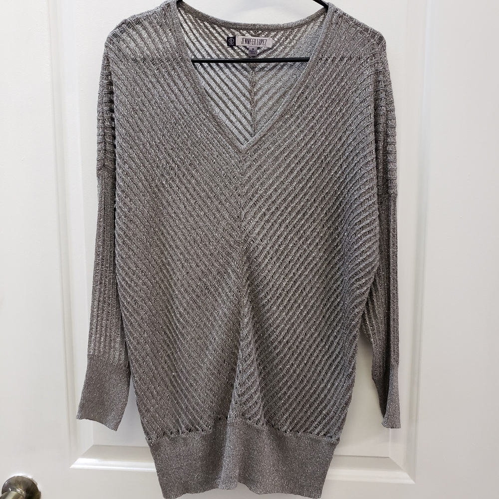 Jennifer Lopez V-Neck Grey Metallic Sweater